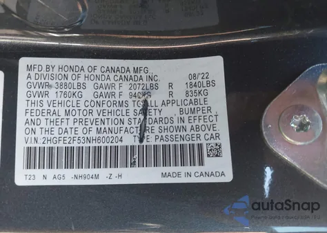 2022 Honda Civic Sport from USA, damaged, VIN 2HGFE2F53NH600204